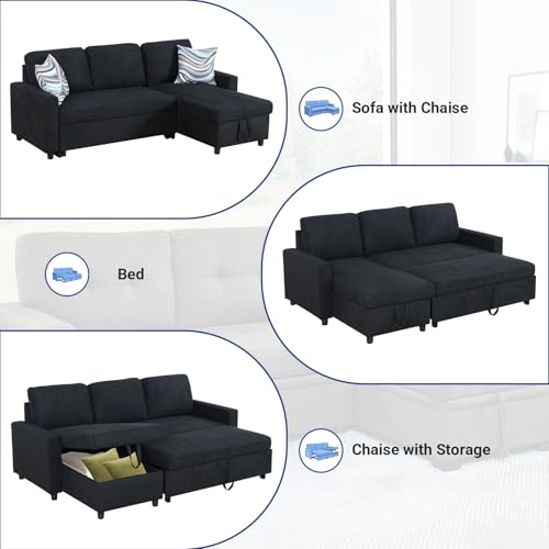 Image of Rovibek 83 inch Convertible Sofa Bed Couch with Storage - 4 in 1 L Shaped Sofa with Pull Out Couch Bed for Living Room, Apartment, Office, Small Spaces, Black