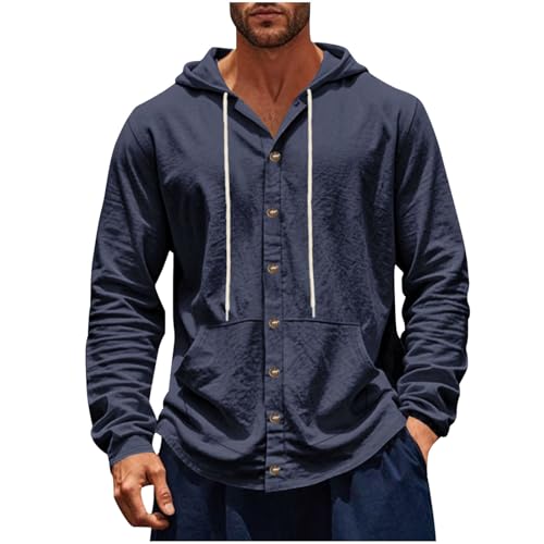 Cotton Hoodie for Mens Long Sleeve Button Down Linen Shirt Drawstring with Pockets Casual Summer Beach Hooded Shirts