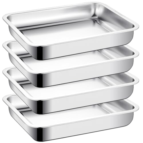 LOPYXBR 4 teglie da forno in acciaio inox, 27 x 20 x 4,8 cm, pirofila rettangolare in acciaio inox, teglia da forno per cuocere, arrostire, servire