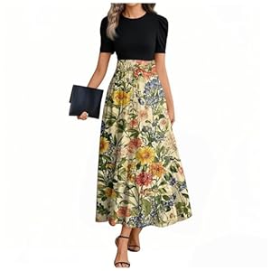 MOKBAY Kleider Damen Sommer Lang Kleid Sommer Elegant Sommerkleid Blaues Kleid Lang Schwarz Kleider Damen Festlich Blumenmuster Damenkleider Elegantes Freizeitkleid M