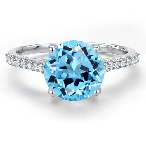 Gem Stone King 14K White Gold Swiss Blue Topaz and White Lab Grown Diamond Engagement Ring For Women | 3.26 Cttw | Round 9MM | Gemstone November Birthstone | Available in Size 5,6,7,8,93