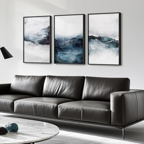 Framed Abstract Ocean Wall Art, Large 3 Piece Canvas Print Set for Living Room, Ink Blue Seascape Artwork for Bedroom, Ocean Wave Painting Pictures Wall Decor for Home Office Dining Room 16x24 Inch - Image 2