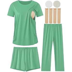 DANSHOW Women Nursing Pajamas Set Breastfeeding Loungewear | Soft Breastfeeding Tops, Shorts & Pants With Pocket, Nursing Pads and Socks for Pregnancy and Postpartum