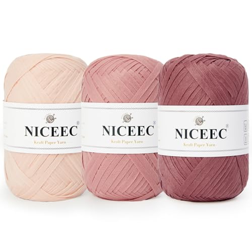 Image of NICEEC 3 Skeins Kraft Paper Yarn 474yds /5.3oz - Pink Series | Crochet & Knit, DIY Project Starter Kit,Handbag,Sun Hat,Shoes, Shopper Bag