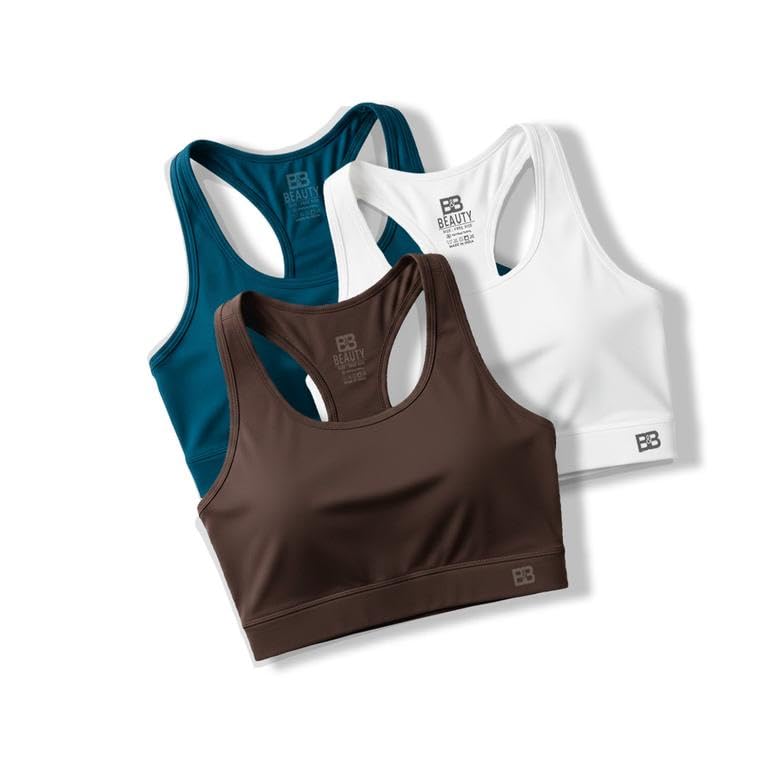 Image of BOLD & BEAUTY Women Cotton Blend Sports Bra with U-Neck, Racerback Style and Regular Straps for Workout, Yoga & Training (Pack of 3)
