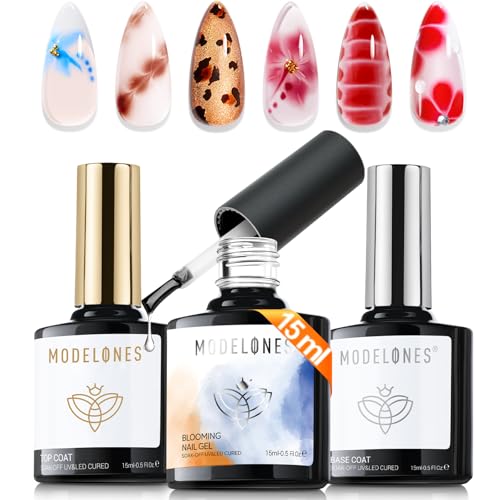 Image of modelones Gel Base Top Coat Set with Blomming Gel, 3 Pcs 15ML Clear Tortoise Bloom Marble Aura Painting Nail Art No Wipe Super Shiny Top Base Coat Soak Off U V DIY Manicure Gift for Women