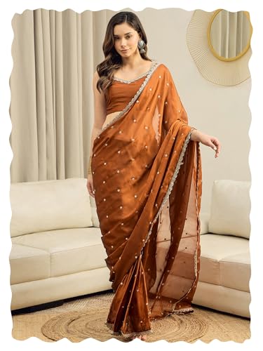 Image of AKHILAM Women's Shimmer Pure Georgette Embroidered Ready To Wear one Minute Saree With Unstitched Blouse Piece
