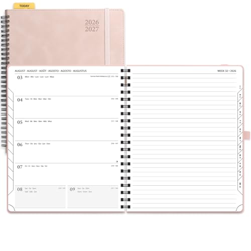 POPRUN Kalender 2026 2027 Buchkalender Notizbuch (Aug.2026-Dez.2027) ca. A4 (26 5 x 21 5 cm) Terminplaner Wochenplaner Ringbuch mit Softcover Zertifiziertem Papier (Rosa)