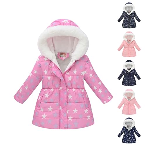 Girl's Kids Flower Print Parka Jacket Fur Collar Warm Winter Windproof Snow Zip Up Outerwear Puffer Coat (H, 5-6 Years)