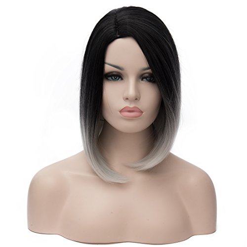 TopWigy 18" Cosplay Wig Black/Gray Ombre Wig Long Straight Heat Resistant Full Head Wig Anime Wig+Wig Cap (Black to Grey)