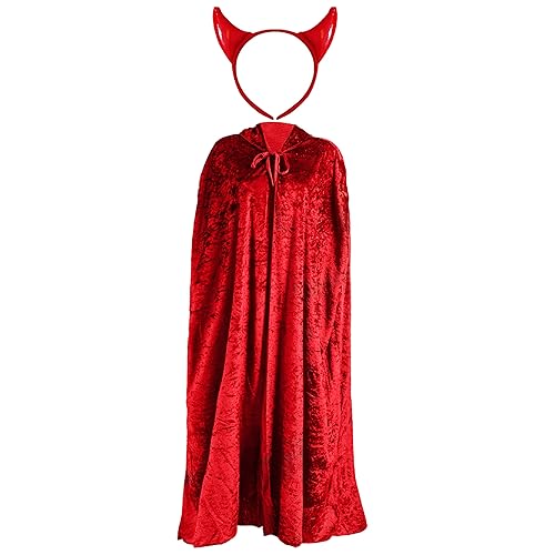 Adults Devil Costume Set - Red Velour Cape and Red Devil Hor