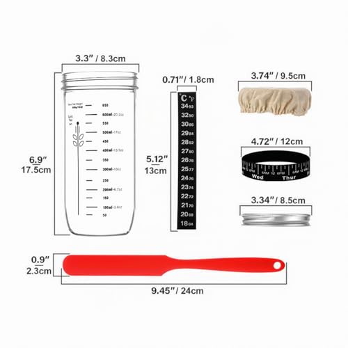 Sarini 730 ml zestaw szklanych słoików do fermentacji na zakwasie szklany okrągły słoik z pokrywką z tkaniny termometr pasek silikonowy skrobak i pasek daty do pieczenia zakwasu fermentacji chleba
