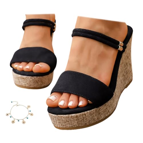 ,Negro,39 EU,Sandalias Para Mujer, Sandalias Verano Con Cuña Punta Abierta Diseño 2 En 1 Sin Cordones Zapatillas Cómodas Transpirables Elegantes Zapatos Casuales Talla Grande Para Playa Diario