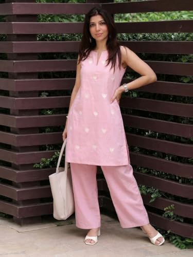 Image of ANNI Designer Kurta Set for Women Cotton Blend Embroidered | Kurti Set for Woman | Farshi Salwar Suit Kurta Palazzo Outfit | Round Neck V Slit Sleeveless Regular Fit Ethnic Dress Stylish Clothing