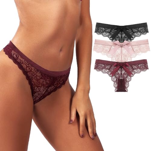 Women Lace Bow Thongs,T Back Low Waist Panties Sexy V-Shape Design Floral Lace, Breathable Panties Undies for Women 3-Pack2