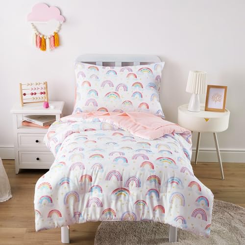 Wake In Cloud - Rainbow Toddler Bedding Set for Girls, Cute Colorful Pastel Rainbow with Clouds, 4 Pieces Soft Crib Bed Set Including Comforter, Sheets and Pillowcase, White Pink