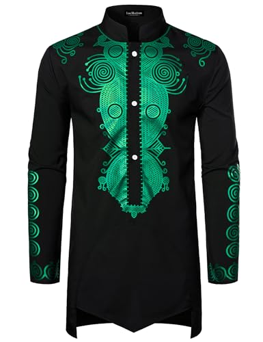 LucMatton Men's Traditional African Dashiki Tunic Long-Sleeve Shirt with Metallic Foil Stamping and Mandarin Collar Black Green Large