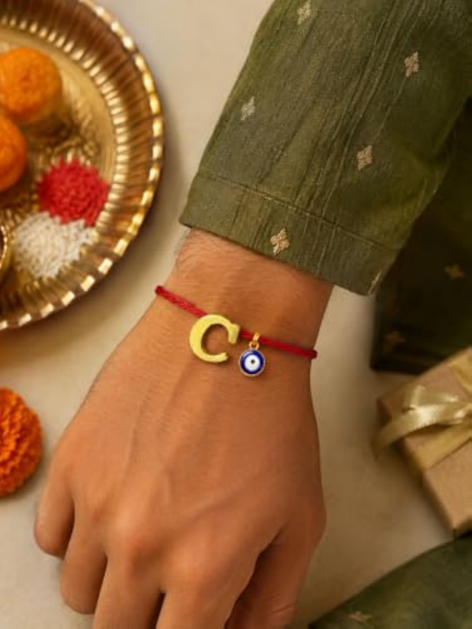 C Letter Gold Plated Initial Charm Rakhi Bracelet for Bhai