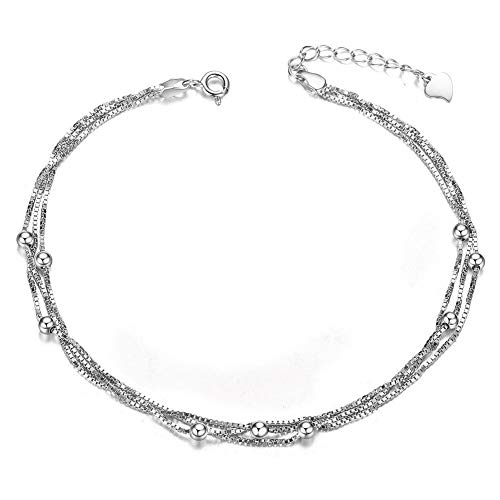 Sweetiee Donna Argento 925 Cavigliere a Strati con Piccole Perle, Platino, 210 mm