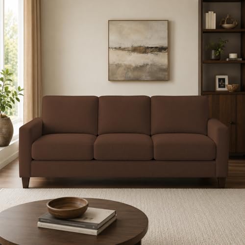 Image of Casaliving Gladino Modern Velvet Fabric Sofa, Tufted Design Upholstered 3 Seater Sofa Set for Living Room, Premium Velvet Fabric Sofa (Brown)