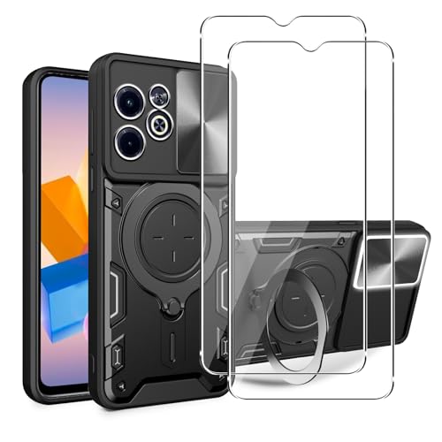 KUSINHOKA Case for Infinix Hot 40i/Smart 8 + 2 Pack Screen With Slide Camera Protection Cover,Magnetic Metal Ring Kickstand Shockproof Military Grade Heavy Duty Tough Cover,Black