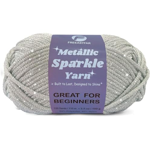 Image of Metallic Sparkle Yarn for Crochet and Knitting with Easy-to-See Stitches, Worsted Weight Medium #4, Beginners Yarn for Amigurumi, Bags, Handmade Gifts, Home Decor (Silver, 1 Pack)