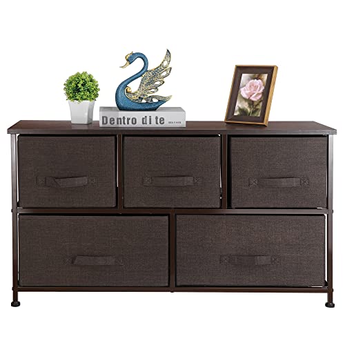 Super Deal Wide Dresser For Bedroom With 5 Drawer, Fabric Chests Of Drawers Storage Drawers Organizer For Kids Toys Closet Tv Stand Nursery Hallway Heavy Duty Steel Frame, Wood Top Espresso #TOP4