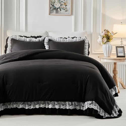 Joyreap Queen Size Comforter Set Black 3pcs Lace Ruffled Bedding Comforter Set Microfiber Vintage Gothic Boho Chic Bedding Set for All Season- 88x88 inches