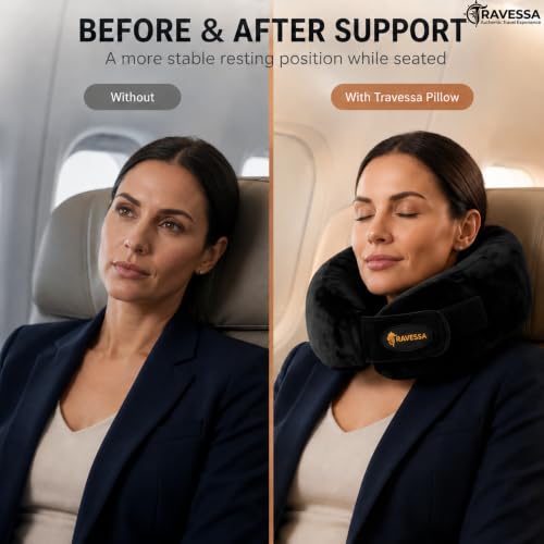 Image of TRAVESSA Memory Foam Neck Pillow | Travel Neck Pillow for Pain Relief | Ergonomic Airplane Neck Pillows | Adjustable & Washable Travel Pillow for Flight and Car with Free Travel Pouch | Soft Black