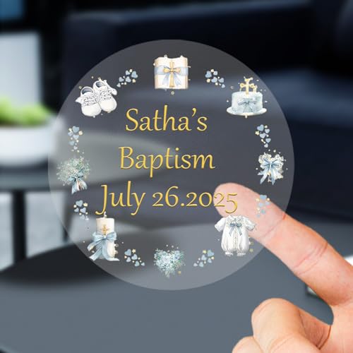 Etiquetas adhesivas de bautizo personalizadas con lámina dorada, calcomanías de bautizo personalizadas para fiestas, cumpleaños, bolsas de regalo, botellas, tarros, velas (transparente)