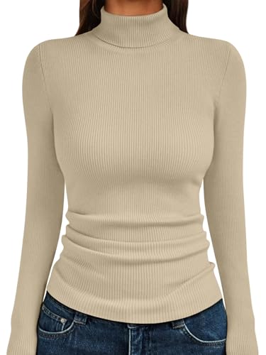 LILLUSORY Womens Turtleneck Ribbed Sweaters Pullover Tops Beige S