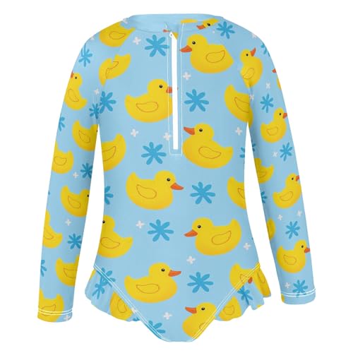 Little Yellow Duck Blue Background Girls Long Sleeve Swimsuit Rash Guard One Piece Bathing Suits Zipper 3-12T2