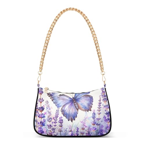 Lavender Floral Field Butterfly Aesthetic Shoulder Bag for Women Party Dressy Purse Hobo Chain Strap Zipper Phone Wallet Purse