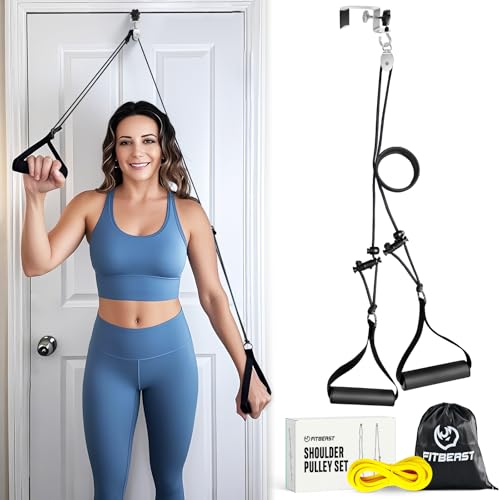 Image of FitBeast Shoulder Pulley for Physical Therapy - Over the Door Pulley for Shoulder Rehab, Shoulder Pulley for Rotator Cuff Recovery and Frozen Shoulder - Durable Nylon Rope and Foam Handles (Black)