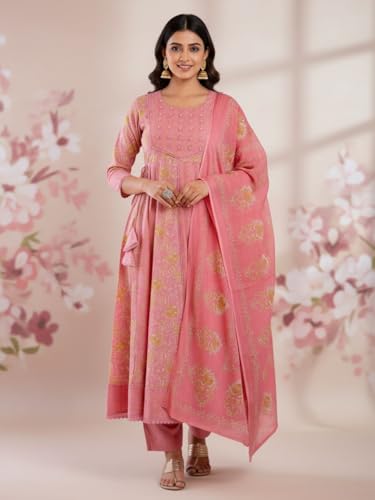 Image of Pure Cotton Anarkali Kurta Set for Women with Dupatta | 3 Piece Cotton Anarkali Suit | Floral Aari Work | Flared Ethnic Wear