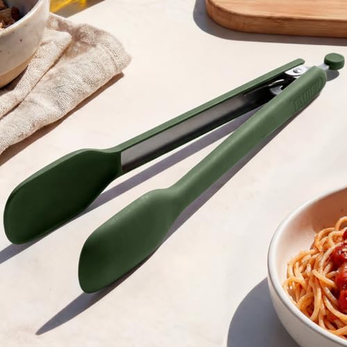 Image of Ember Cookware Silicone Kitchen Tongs | 230C Heat Resistant | Versatile- for Kitchen and Serving| Stainless Steel Core with Food Safe Silicone Grip | Locking Mechanism for Compact Storage | Green
