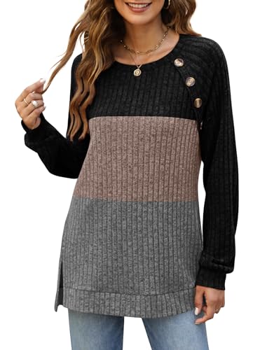 Image of Bofell Long Sleeve Shirts for Women Lightweight Button Decor Tunic Tops Side Split