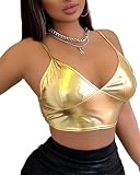 Women's Metallic Crop Top Rave Bra - Shiny Partywear, Sexy Rave Clubwear Sports Bra for Dance Festivals Costumes (US, Alpha, Large, Regular, Regular, Gold)