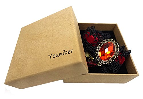 Youniker Retro Handmade Choker Necklace And Bracelet Jewelry Set For Halloween Costume Party Women Gothic Black Lace Necklace Punk Royal Court Vampire Choker Pendant Chain(Red) #TOP6