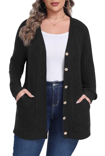Lastshe Women's Plus Size Cardigan Sweaters Button Down Long Sleeve Fall Cardigans Knit Outwear with Pockets2