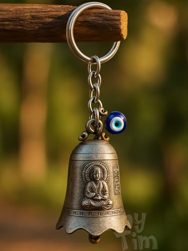 Image of Tiny Tim Guardian Bell with Evil Eye Charm - Protective Motorcycle & Car Accessory - Tibetan-Inspired Design - Wards Off Negative Energy - Ideal Gift for Bikers & Travelers