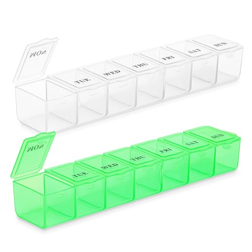 Soleebee 2 Pack Portable Weekly Pill Organizer, 7 Day Pill Box Case, Travel Pill Planner, AM/PM Pill Dispenser, Medicine Vitamin Container Organizer (White Green)