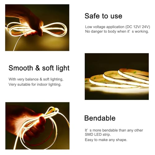 Image of COB LED Strip Lights DC 12V LED Lights Flexible Super Bright LED Strips, 5Pack 16.4FT 4000K Natural White CRI 90+, 480LEDs /m High Density Uniform Light fo Home Room Decor (No Adapter or Controller)