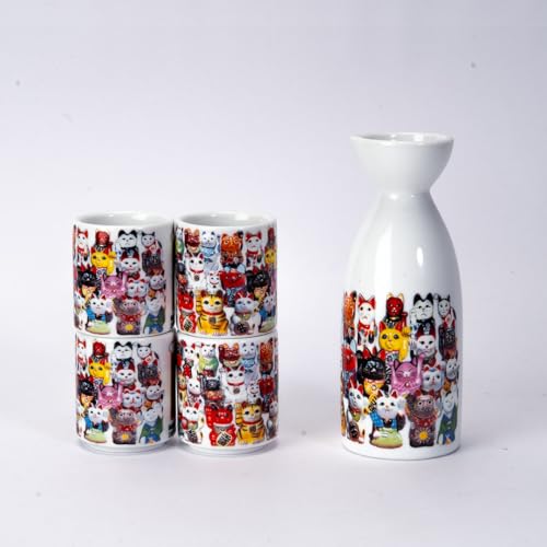 Urban Tokyo Maneki Neko Lucky Cat Family Sake Set - Porcelain Tokkuri Bottle & 4 Ochoko Cups, Traditional Japanese Fortune Cat Design, Authentic Sake Ware for Hot/Cold Drinks Made In Japan - Thumbnail 2