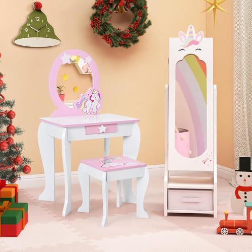 FANTASK Kinder Schmuckschrank, 2 in 1 Spiegelschrank neigbar mit Ganzkörperspiegel, Schublade & Aufbewahrunskorb, Schmuckständer Schminkspiegel Einhorn, 31,5 x 30 x 115 cm (Weiß)