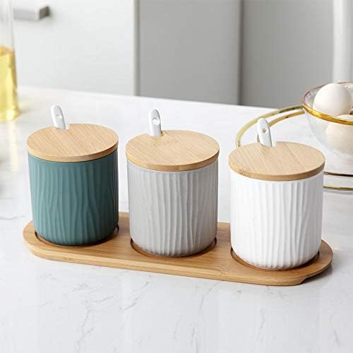 Affogato Ceramic Spice Jars 3pcs Spice Storage Containers With Lids and Spoon 300ml Spice Box With Wooden Spice Rack Kkitchen Tools Small Ceramic Condiment Jar Wooden Lid