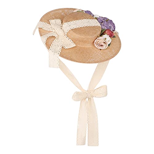 Girls Women Victorian Tea Party Sun Hat Costume Small Flat Top Hat with Flower Purple4