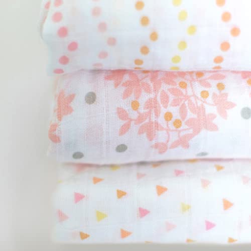 Image of SwaddleDesigns Muslin Swaddle Blankets, Swaddle Blanket for Baby Girl, Heavenly Floral Pinks with Touch of Gold Shimmer, Set of 3