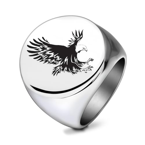 925 Sterling Silver 22mm Stainless Steel Smooth Laser Personalized Eagle Hunting Ring Square Circular Titanium Steel Retro Men's Domineering Ring Size 9