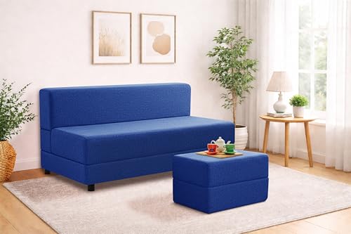 Image of 5X6-Feet Leg Sofa Cum Bed with Ottoman | Jute Fabric 3 Seater Convertible Sofa Bed | Modern Space Saving Furniture for Living Room | Blue